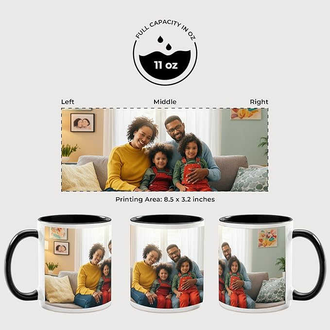 Personalized Mug, Custom Ceramic Mug with Photo and Text, 11oz, Pack of 1, Glossy Coffee Cup, Perfect for Christmas, Secret Santa or as Holiday Gift for Family or Friends, White/Solid Black