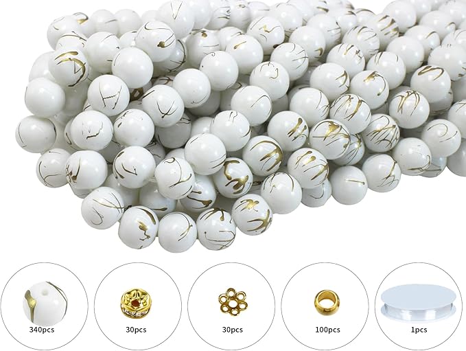 Pamir Tong 500PCS 10mm White Round Glass Beads Bracelet Space Loose Smooth Beads for Jewelry Making, Earring, Necklaces, Keychains, Lanyards & Adult Crafting