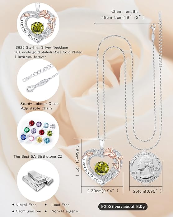 Women's Birthstone Necklace, Holiday Gift for Girlfriend, 925 Sterling Silver Heart Rose Necklace, Anniversary Birthday Gift for Wife, Daughter