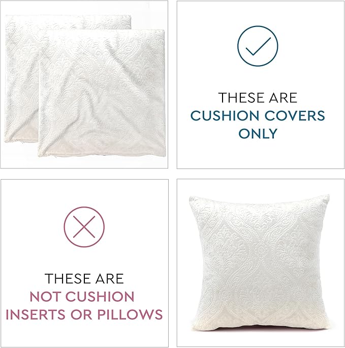 Encasa XO Luxury Embossed Velvet Throw Pillow Covers - Plush Cushion Covers for Elegant Living Rooms & Bedrooms, Machine Washable, 20"x20" White | Set of 2 | Covers Only No Insert