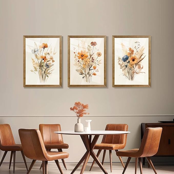 Framed Vintage Wildflower Canvas Wall Art Floral Set of 3 Country Farmhouse Watercolor Flowers Prints Rustic Wood Frame Botanical Artwork Poster for Bedroom Living Room Girls Room Decoration 12" x 16"