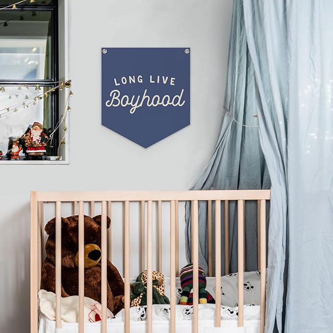Lacama Vintage Room Decor,Long Live Boyhood Linen Banner,Boy Bedroom Wall Hanging Banner Pennant Flag Decor for Nursery Playroom Toddler Nursery Decor Kids Room,12.4x14 in(Navy blue)