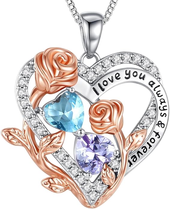 I Love You Birthstone Necklace, 925 Sterling Silver Heart Pendant with CZ Diamond Stones, Birthday Gifts for Women, Romantic Gift for Wife, Girlfriend, Her, Anniversary, Valentine's Day, Christmas
