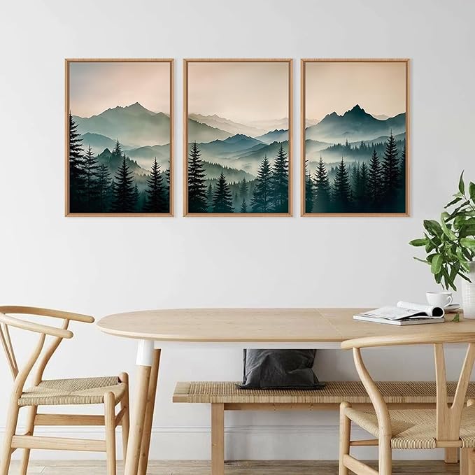 HPNIUB Large Green Mountain Framed Canvas Wall Art,Foggy Forest Wall Decor,Modern Watercolor Boho Pine Tree Wall Painting,Nature Mountains Landscape Art Print for Living Room,Bedroom,Office-16 x24 x3