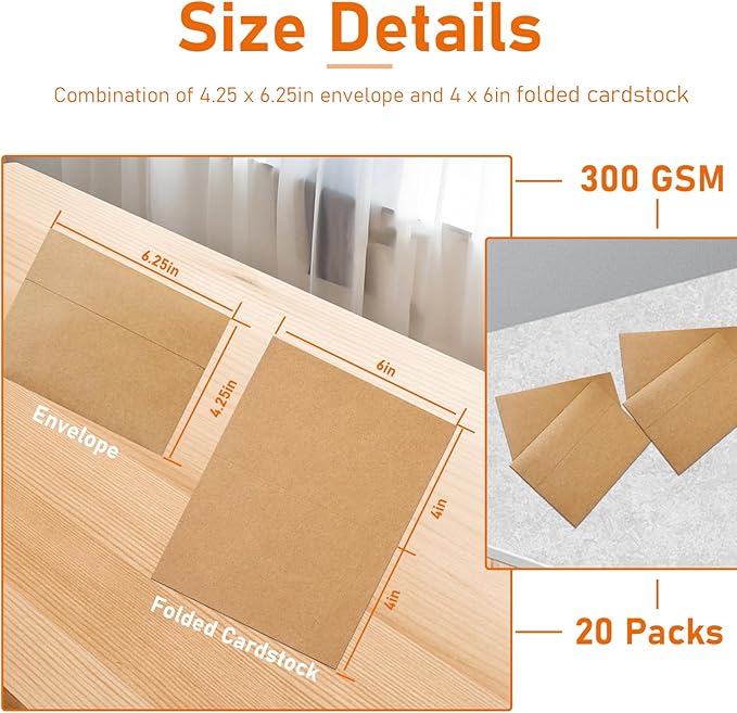 Brown Blank Cards and Envelopes 4 x 6 Heavyweight Folded Cardstock and Printable A4 Envelopes Self Seal 20 Packs for Christmas, Wedding Invitations, Greeting Cards, Mailing