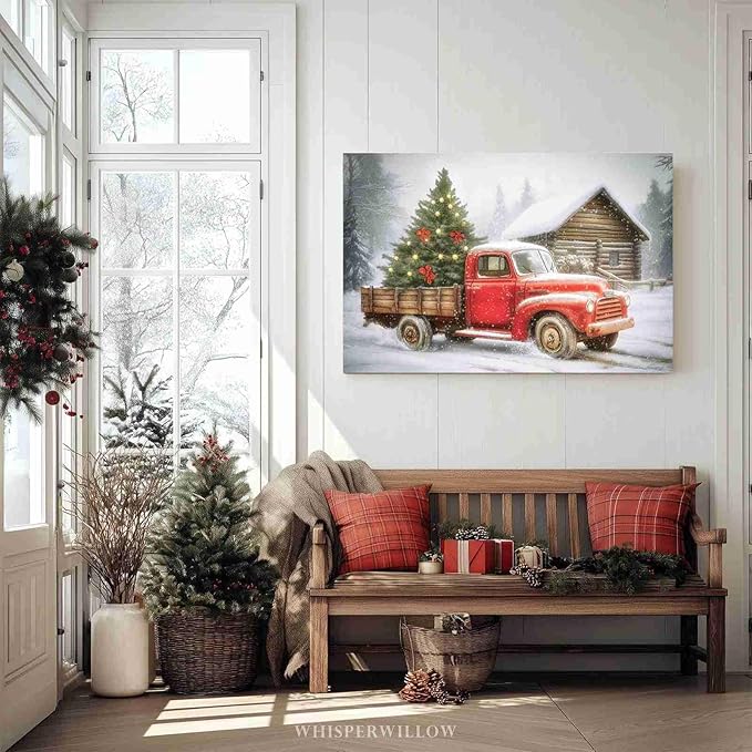 Red Truck Christmas Tree Vintage Holiday Wall Art Winter Snow Scene Poster Nostalgic Truck Canvas Print Indoor Decor for Home Living Room Bedroom Office Dining Room Farmhouse Christmas Holiday