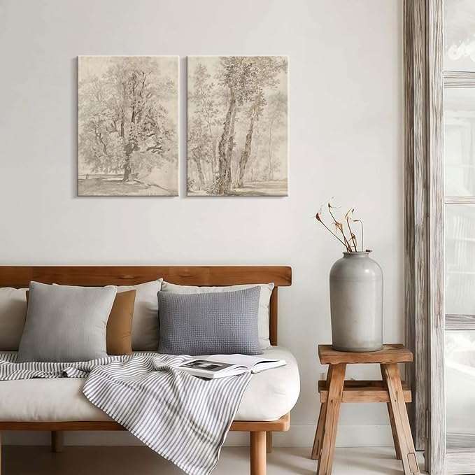 2pcs Framed Vintage Trees Canvas Landscape Sketch Wall Painting Plant Nature Picture Print Poster Rustic Nature Wabi Sabi Home Painting Bedroom Living Room Studio Decor 16x24 Inch Ready to Hang