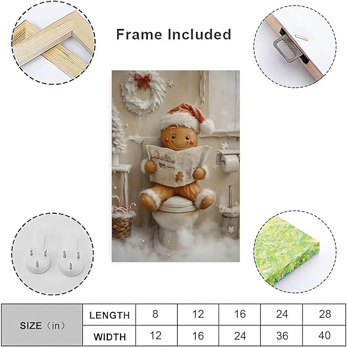 Christmas Bathroom Canvas Painting Gingerbread Man Holiday Print Santa Hat Cookie Character Wall Art Vintage Rural Art Winter print Indoor Decor for Bathroom Living Room Funny Framed Ready to Hang
