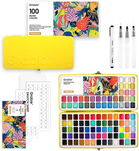 Grabie 50 Colors Premium All-In-One Water Color Paint Set - Detail Paint Brush Included, Watercolor Paints, Painting Sets, Art Supplies, Portable & Travel Watercolor Set, Amateur Hobbyists