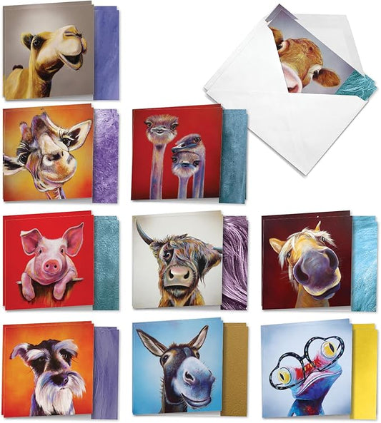 The Best Card Company - 20 Bulk Animal Note Cards Blank (4 x 5.12 Inch) - Fun Assorted Notecards with Envelopes (10 Designs, 2 Each) - Animal Magnetism AMQ6218OCB-B2x10
