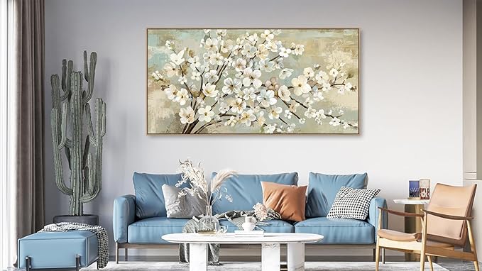 arteWOODS Flowers Framed Wall Art - Beige Flower Branches Canvas Pictures Wall Decor Rustic Brown Botanical Painting Artwork Elegant Floral Prints for Living Room Bedroom 58 x 29in Natural Wood Frame