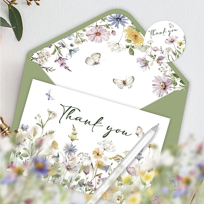 48 Pack Floral Thank You Cards With Envelopes,Watercolor Wildflower Thank You Cards for Baby Shower,Thanksgiving,Teachers,Birthday Greeting Cards