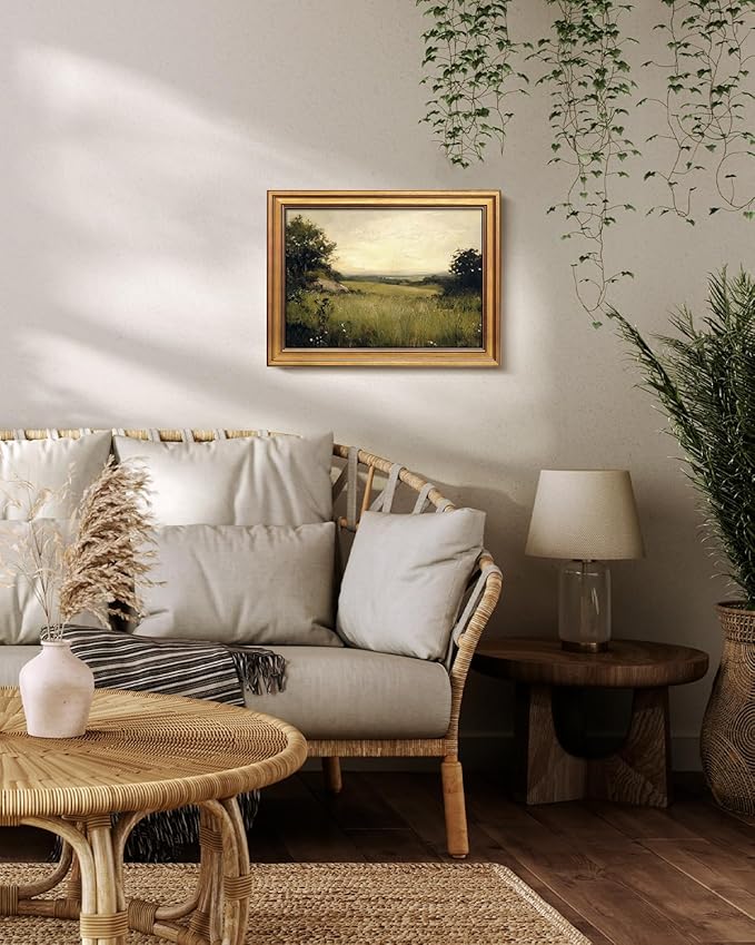 Bzstyleart Vintage Wall Art Decor for Living Room,Gold Framed Canvas Wall Art Home Decor Aesthetic,Grassland Vintage Landscape Prints,Canvas Picture Print Artwork,12 x 16 Inch