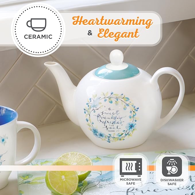 Christian Art Gifts Women's Ceramic Floral Teapot: Sweet Friendship - Proverbs 27:9 Inspirational Bible Verse w/Gift Box, Lead/Cadmium-free, Microwave, Dishwasher & Freezer Safe, Blue Wreath, 30 oz.