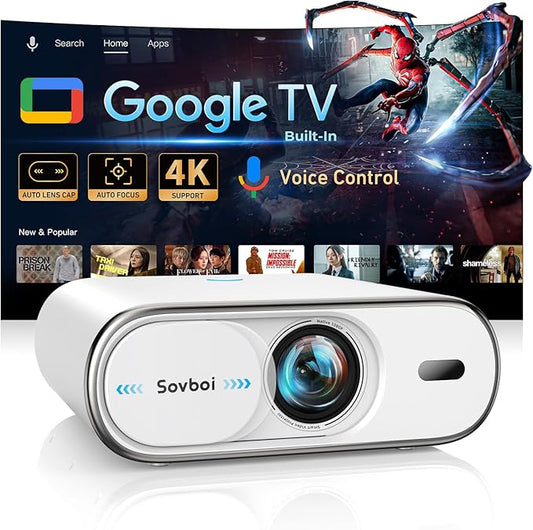 Projector Compatible with Google TV|1800 ANSI|Auto Lens Cap&4D Keystone|Auto Focus|Voice Control Portable Outdoor Projector 4K with WiFi and Bluetooth, Sovboi Smart Proyector for Netflix Home Theater