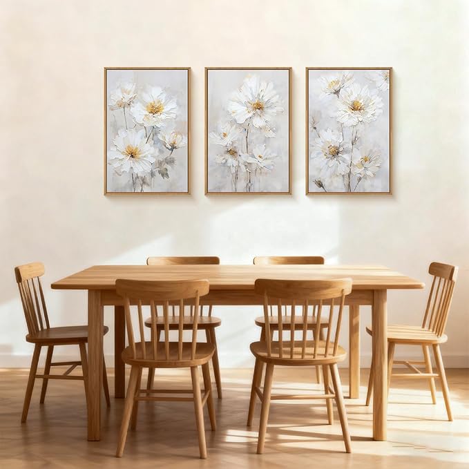 Watercolor White Daisy Flower Framed Canvas Wall Art Set,Natural Beige Botanical Floral Wall Decor,Minimalist Modern Dreamy Wildflower Art Prints for Living Room, Bedroom,Farmhouse- 16"x24"x3