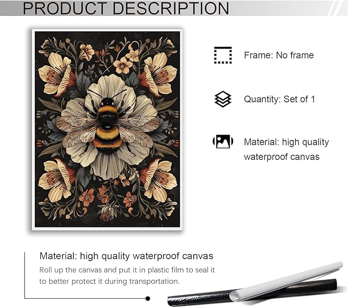 Vintage Bees Poster William Morris Wall Art Print,Vintage Floral Cottagecore Decor Mid Century Dark Academia Decor Botanical Canvas Print for Office Bedroom Living Room 16x24in Unframed poster