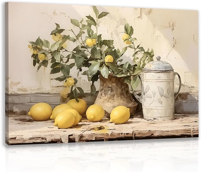 LLEEMPI Framed Vintage Lemon Wall Art, Country Botanical Wall Decor, Yellow Fruit Still Life Canvas Painting, Rustic Farmhouse Poster Print for Kitchen Living Room Bathroom Bedroom 12x16 Inch