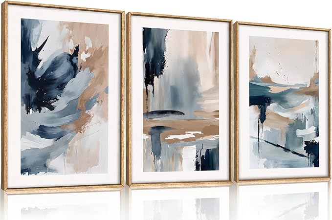 Aryroi Large Abstract Navy Blue and Tan Framed Canvas Wall Art,Modern Minimalist Shape Wall Decor,Watercolor Brush Stoke Artwork,Neutral Color Block Art Print For Living Room,Bedroom,Office- 16"x24"x3