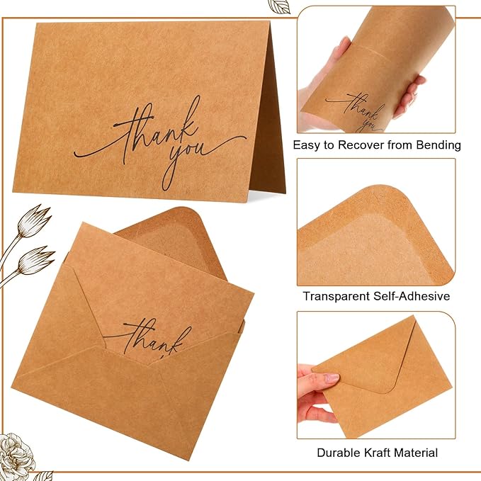 Gueevin 200 Pcs Thank You Cards with Kraft Envelopes and Stickers Bulk, 3.5 x 5 Inch Classy Blank Thank You Notes for Wedding, Business, Graduation, Baby Shower, Bridal Shower, Funeral (Brown)
