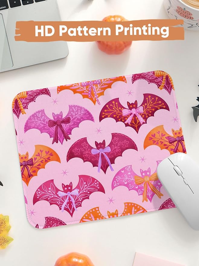 Seorsok Halloween Funny Bat Mouse Mat,Bow Ribbon Decor Mouse Pads for Office Laptop,Washable Square Cute Mousepads with Extended Stitched Edges Non Slip Rubber Base 9.5"x7.8"x0.12" Inch,Purple