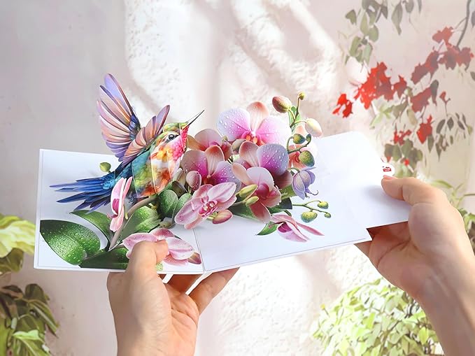 Birthday Cards for Women - Hummingbird Pop Up Card, Handmade Gift for Mom, Wife, Grandma, Daughter, Friend – Greeting Cards for All Occasions (Hummingbird and Orchid)
