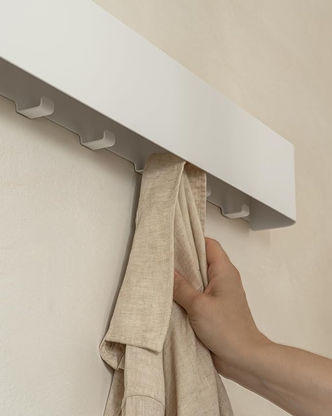 Kazai.®️ Coat Rack Wall Mount with Shelf 'Tone' | Modern Design Coat Hanger with Hidden Hooks and Storage | Hat Rack with Shelf in Metal | Wall-Mounted Purse Organizer | White