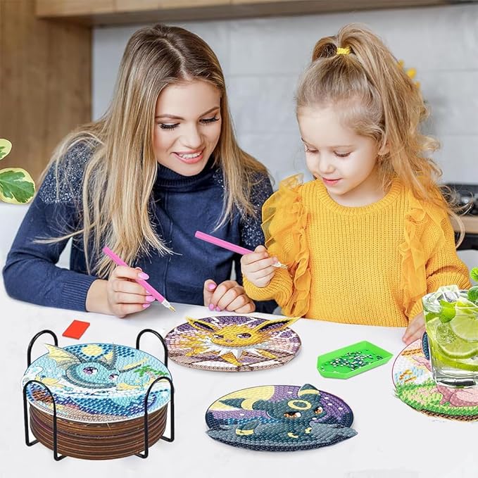 8 Pcs Diamond Painting Coasters with Holder, Beginners DIY Diamond Art Coasters Crafts for Adults,Small Diamond Painting Kits Circular Coaster Suitable for Gifts and Office Home(8 Wooden)