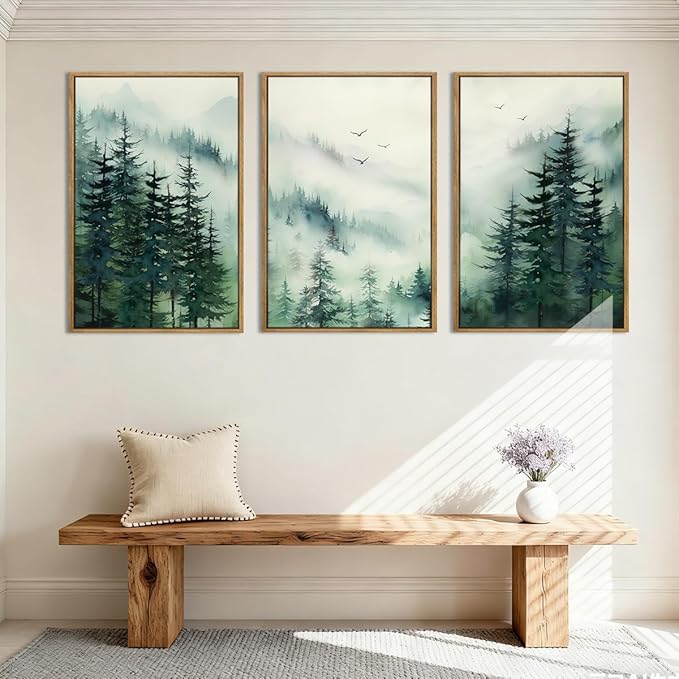 Anyzal Large Foggy Forest Wall Art Decor Framed Abstract Misty Mountain Artwork Prints for Living Room Bedroom Office 16x24 Inch Set of 3