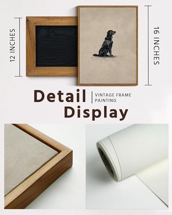 VIYYIEA Vintage Framed Black Dog Wall Art, Bedroom Living Room Minimalist Animal Art Decor, Antique Dog Canvas Print Paintings, Home Farmhouse Retro Still Life Decor, 12x16 Inch
