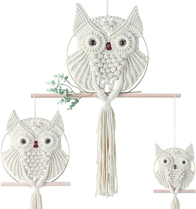 MVSUTA Owl Ivory Cotton Handmade Macrame Wall Hanging Tapestry Home Decor Art Cream Craft Wonderful Decoration Woven Beige Boho Ornament for Office Bedroom Apartment Living Nursery Gallery,3pcs