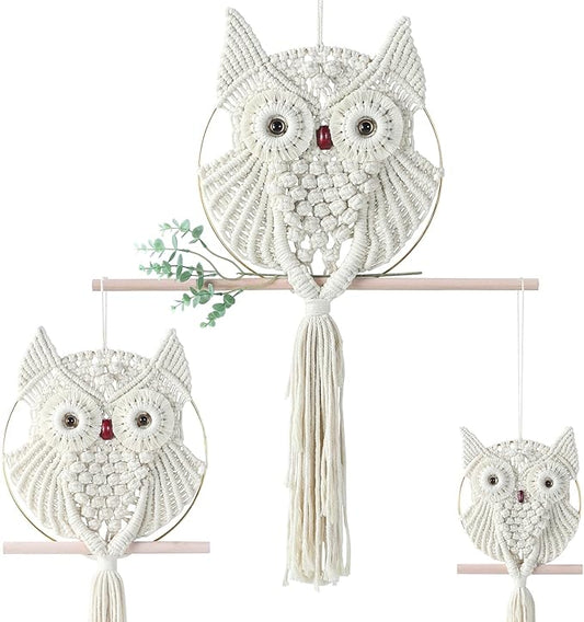 MVSUTA Owl Ivory Cotton Handmade Macrame Wall Hanging Tapestry Home Decor Art Cream Craft Wonderful Decoration Woven Beige Boho Ornament for Office Bedroom Apartment Living Nursery Gallery,3pcs