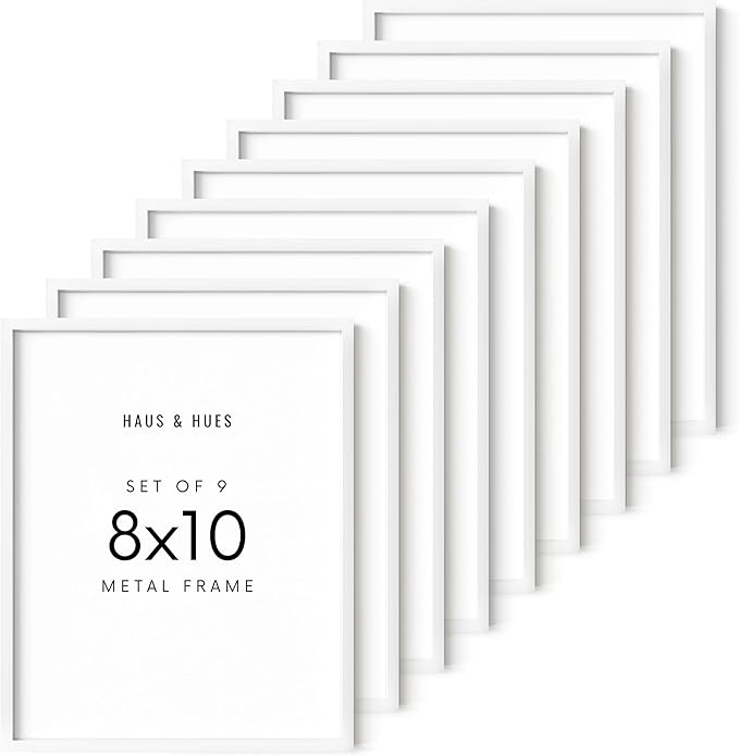 HAUS AND HUES 8x10 White Aluminum Frame Set of 9 - Modern Wall Pack, Shatterproof Plexiglass (8x10 in, White)
