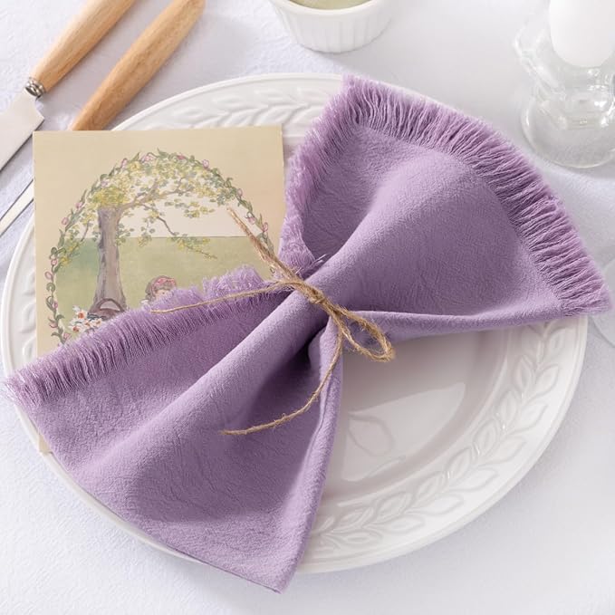 6 Pack Purple Cotton Linen Napkins with Fringe Spring Cloth Napkins Set of 6 Boho Handmade Dinner Napkins Bulk for Wedding Bridal Baby Shower Valentine's Day, 17 x 17 Inches