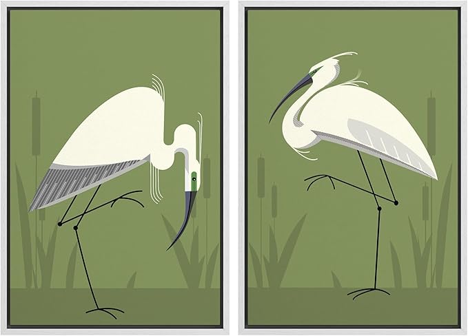 SIGNWIN Framed Canvas Print Wall Art Set Heron Bird Minimalist Egret Illustrations Modern Art Minimal Boho Colorful for Living Room, Bedroom, Office - 16"x24"x2 WHITE
