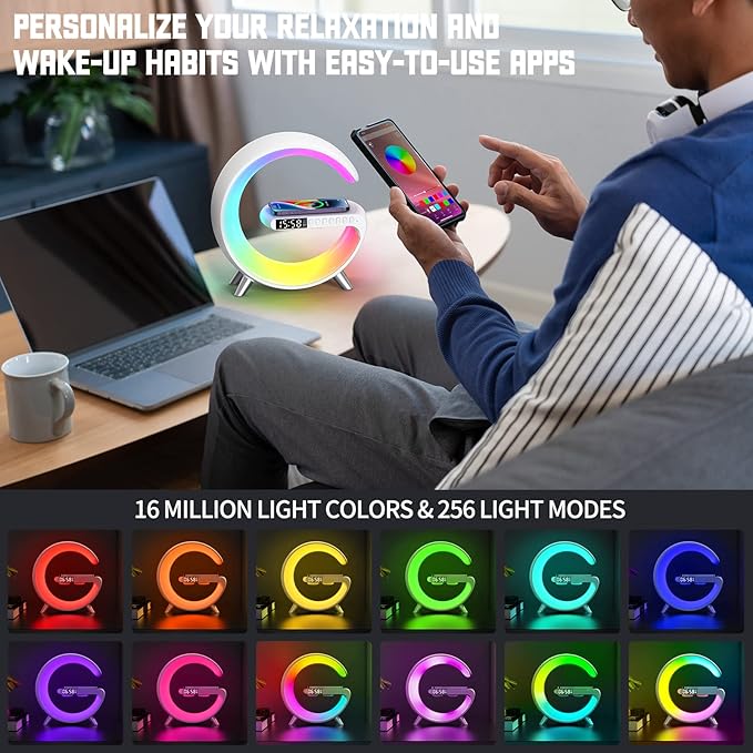 Smart LED Table Lamp, 4-in-1 Wireless Charger, Music Rhythm Ambient Night Light, Alarm Clock, and Bluetooth Speaker with App Control, G-Shaped Lamp for Bedroom, Office and Home Decor (White)