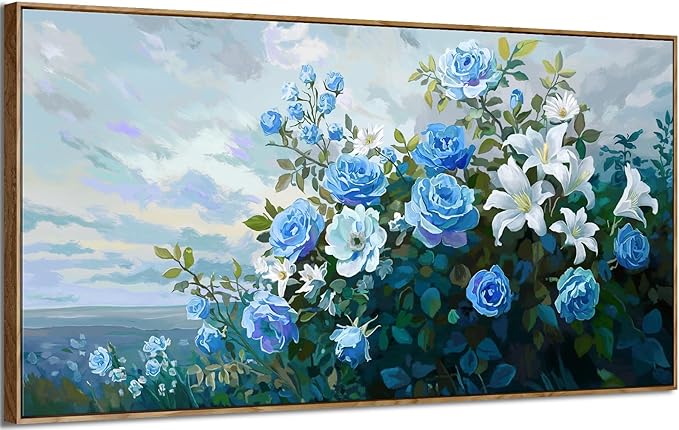 Framed Extra Large Botanical Wall Art – Blue and White Flower Canvas Painting for Living Room Bedroom – Rustic Wood Frame Floral Décor 58x29 Inch