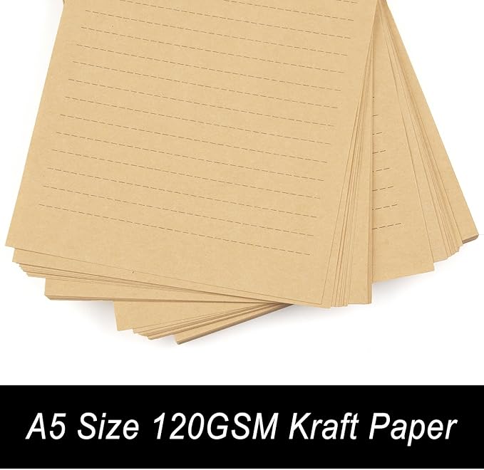 100 Sheets Vintage Kraft Stationary Paper 5.71 x 8.27 inch, A5 Size 120gsm Lined Stationery Writing Letter Papers Bulk Set for Personalized Letters, Creative Poems, Lyrics, Office Notes, etc