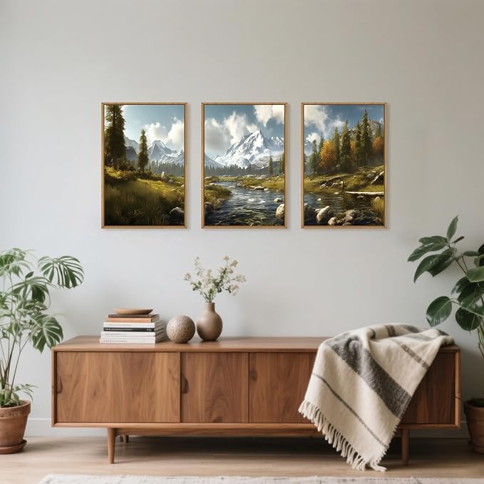 Large Watercolor Snow Mountain Framed Canvas Wall Art,Modern River Grassland Wall Decor,Natural Green Forest Artwork,Neutral Wood Landscape Art Print for Living Room,Bedroom,Office- 24"x36"x3