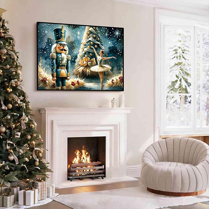 Christmas Wall Art Holiday Decor Nutcracker and Ballerina Winter Scene Poster Modern Farmhouse Poster Vintage Oil Painting Print Indoor Decor for Home Bedroom Christmas Holiday Framed Ready to Hang