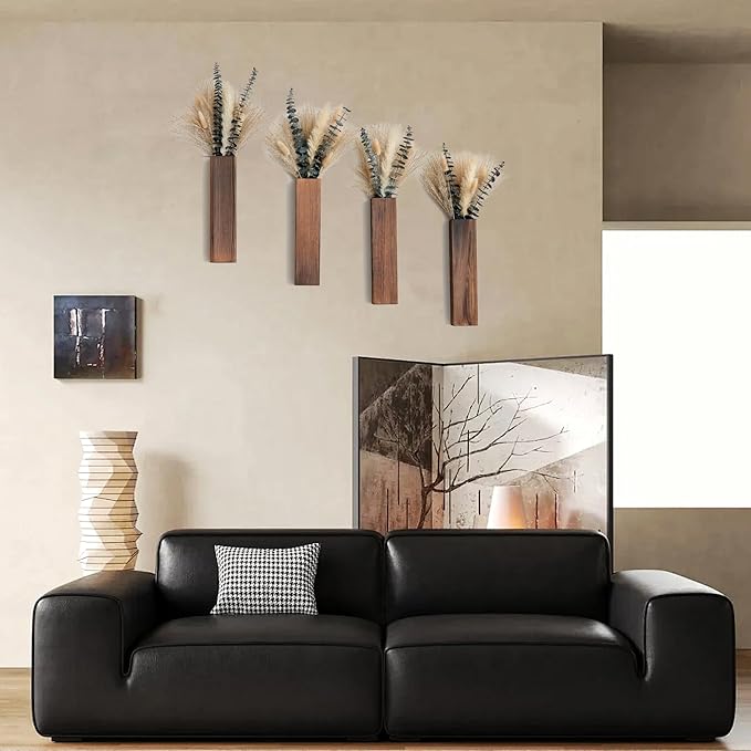 Wall Vase Set of 4 – Wooden Hanging Vases with Pampas Grass & Eucalyptus Dried Flowers – Modern Farmhouse Home Decor for Living Room, Entryway, Bathroom, Hallway & Dining Room