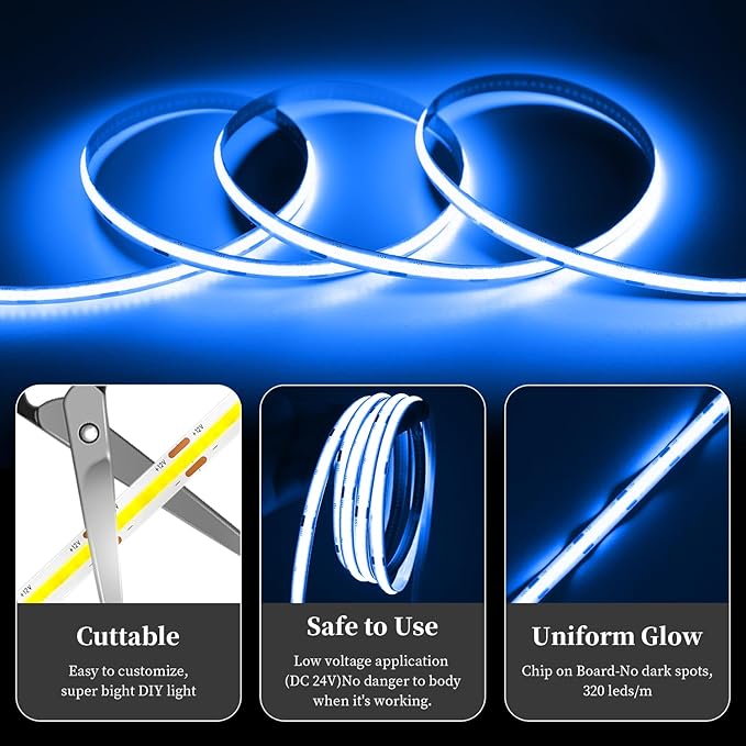 iNextStation 32.8ft/10M Bule COB LED Light Strip, DC24V CRI 93+ Bule Strip Light, 8mm Width LED Tape Lights, Flexible COB LED Lights for Bedroom, TV Backlight, Home DIY Lighting Decor(with Plug)