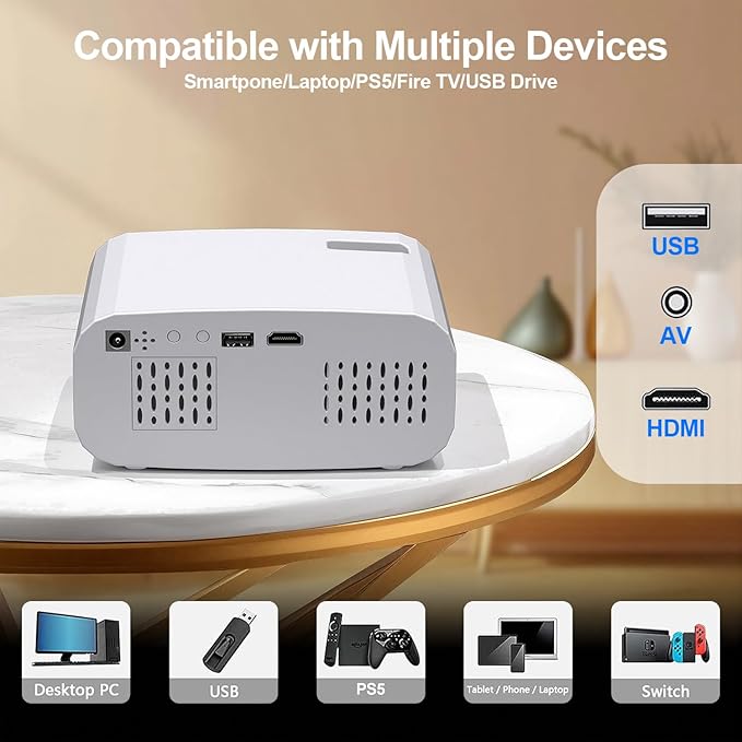 Projector, Mini Projector with WiFi and Bluetooth, Built-in Apps, Auto Focus & Keystone,Native 1080P Support, Portable Outdoor Smart Projector,White