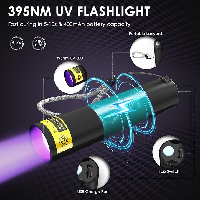 UV Resin Kit with Light, 100g UV Resin with Rechargeable 395NM UV Flashlight, Fast Curing in Seconds, UV Glue Adhesive for Bonding Jewelry, Plastic, Glass Repair, w/Mat, Gloves, Storage Bag