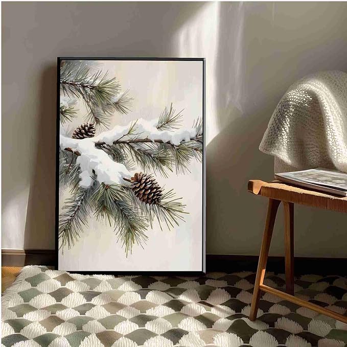 Framed Canvas Wall Art Snowy Fir Branch with Pinecones Vintage Winter Botanical Art Rustic Cottagecore Nature Decor Christmas Wall Print 24x36in Metal blackFramed