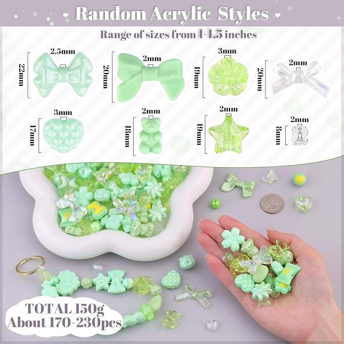 200-260PCS TINKRSTUFF Assorted Acrylic Beads Green Cute Beads for Bracelet Making, Bow Aesthetic GummyBear Flower Candy Butterfly Kawaii Charms for Jewelry Making DIY Necklace Keychain Phone Charm