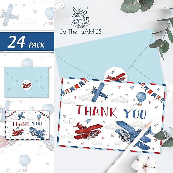 JarThenaAMCS 24 Pack Airplane Travel Thank You Card Greeting Cards with Envelopes Stickers Blank Note Card for Birthday Baby Shower Party Supplies