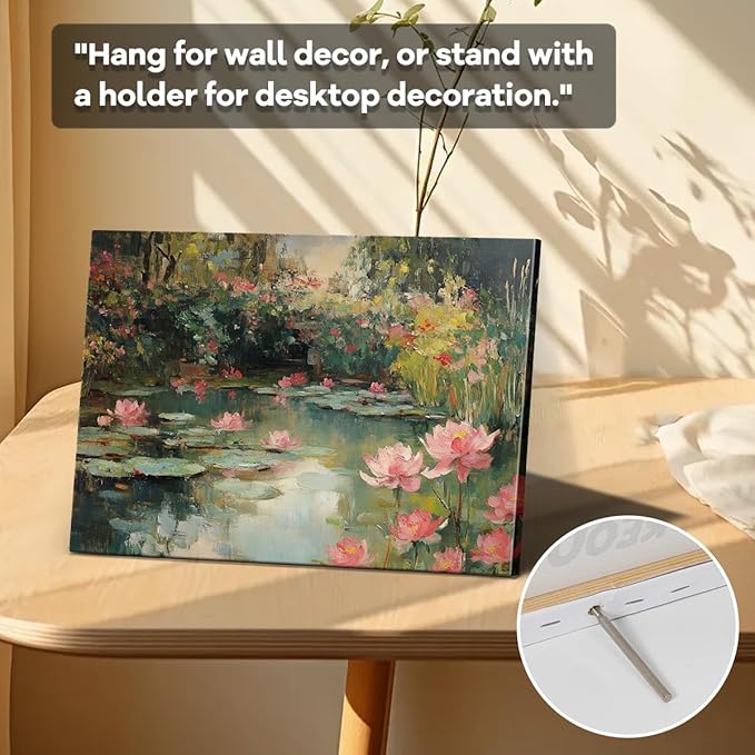 Water Lily Pond Wall Art – 15x12 Inch Lotus Flower Landscape Print – Monet Style Botanical Poster for Living Room, Bedroom, Office – Frameless Laminated Paper with Hanging & Tabletop Display