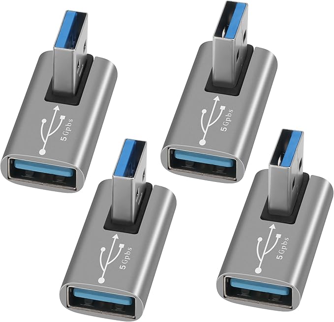 90 Degree USB 3.0 Adapter 4 Pack, Middle Left and Right Angle USB A Male to Female Connector Converter USB L Shape Extender, Support Charge & Data Sync for PC, Laptop, Mouse, Keyboard, USB A Charger