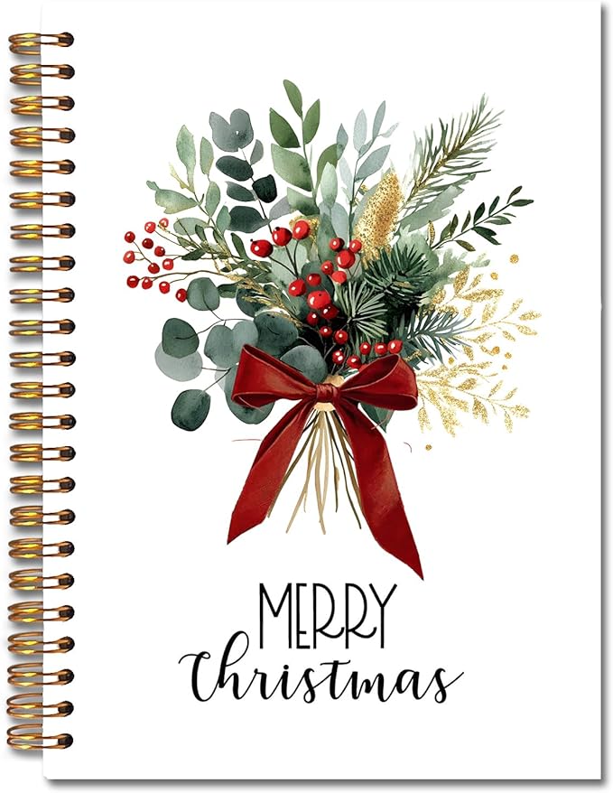 Exqcom Christmas Eucalyptus Holly Spiral Notebook Gifts, Coquette Red Bow Berries Botanical Plant Journal for Women, Merry Christmas Hardcover Notebook Journal Office School Supplies, 5.5x8.3 Inch